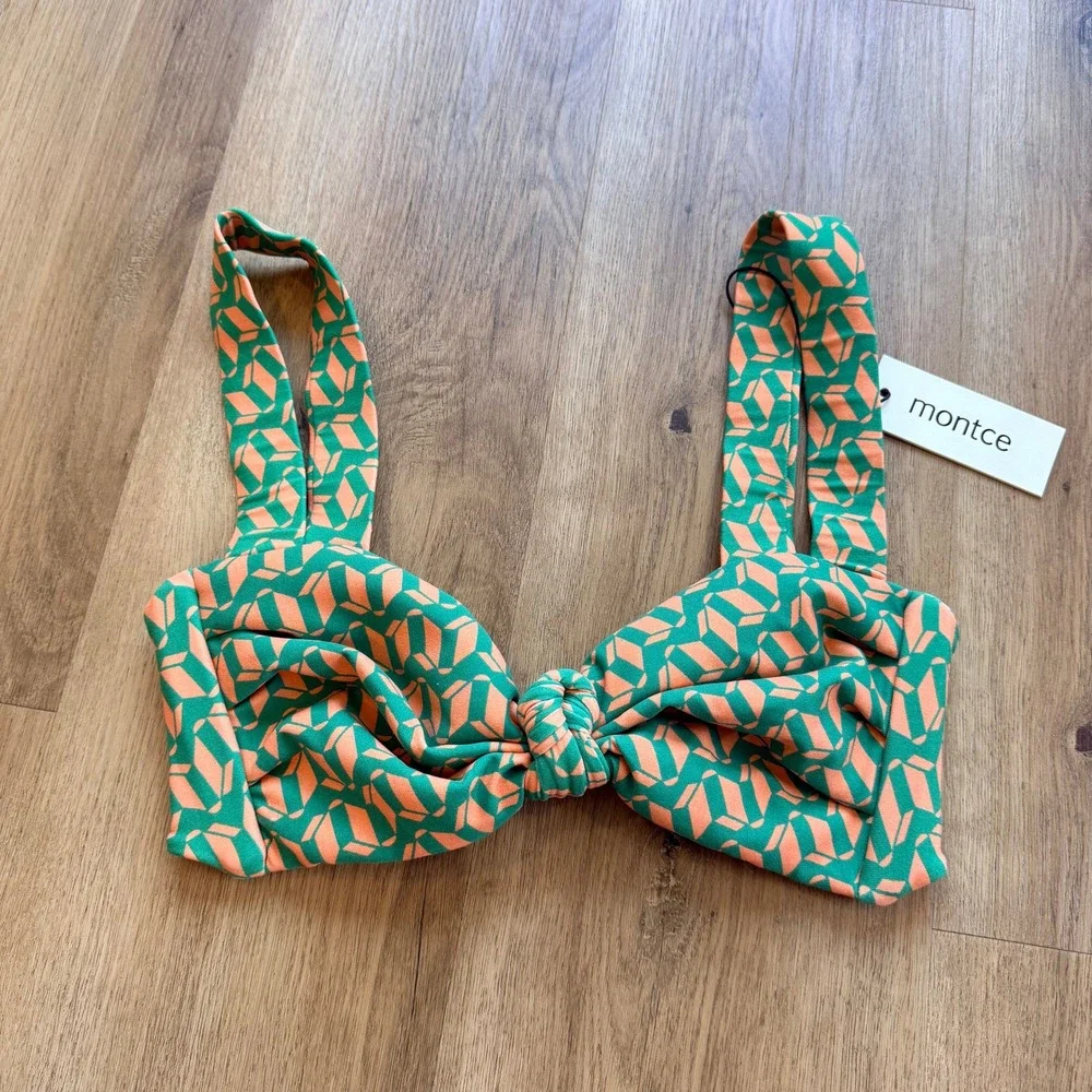 NWT Montce Geo Hayden Bikini Top Green Orange Geometric Knot Front Swim Size S